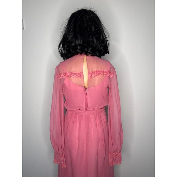 1970s Pink Chiffon Prairie Maxi High Neck Dress Lace Trim LGWD Canada XS - Picture 15 of 17